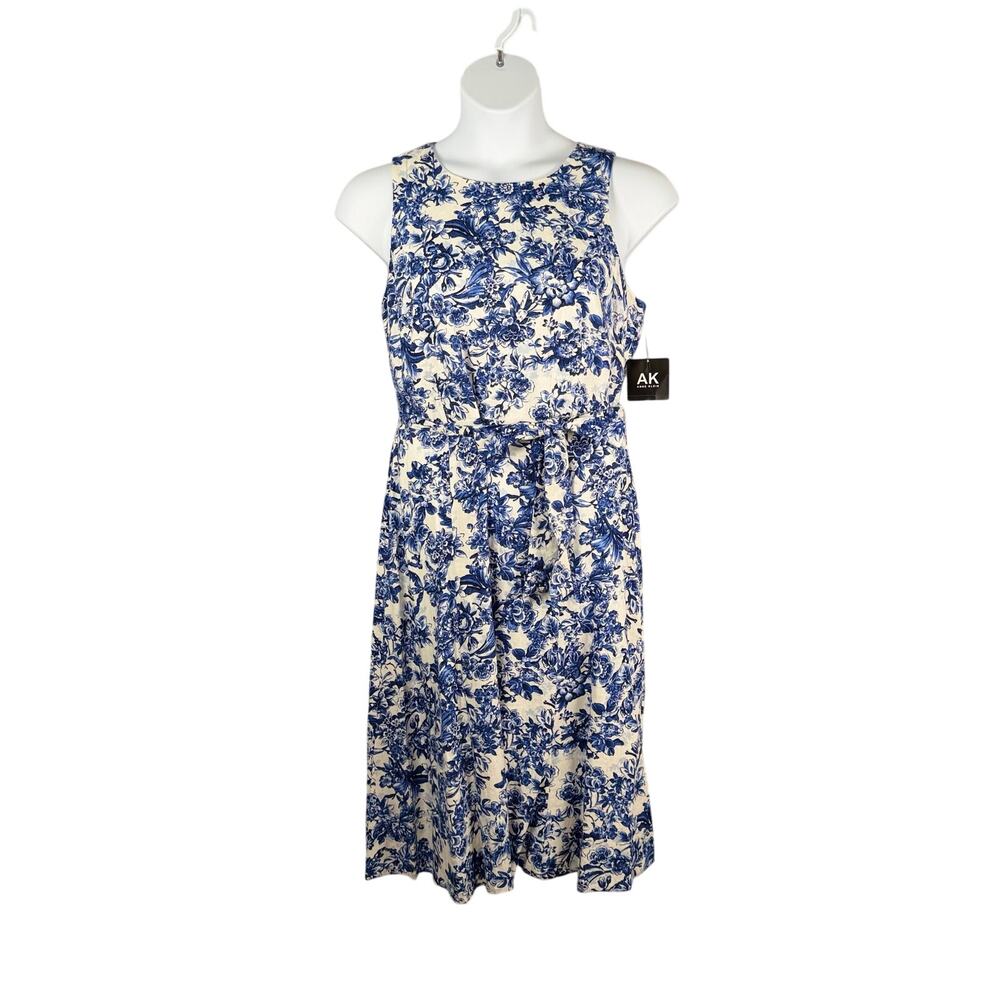Anne Klein Dress Large Blue White Floral Linen Blend Midi Sash Tie Cruise Summer
